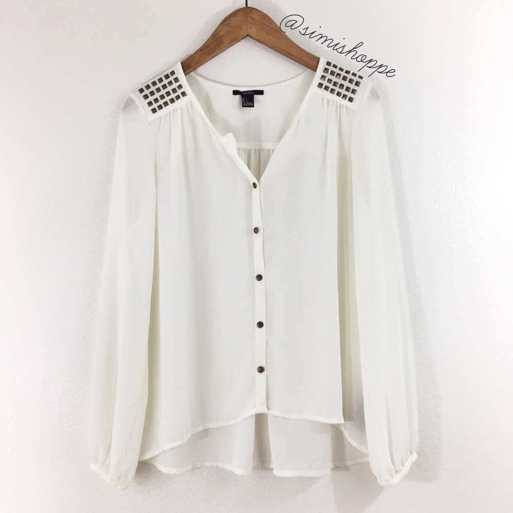 S White Chiffon Button-Up Blouse w/ Vintage Studs